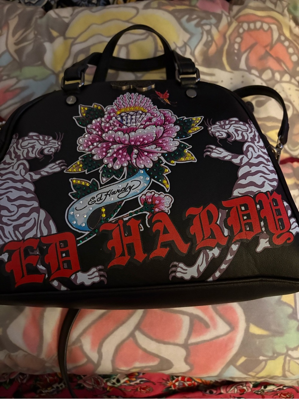 Ed Hardy Black Satchel with Pink Floral and White Tigers